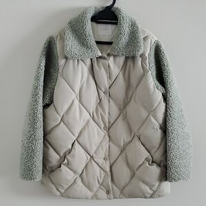 Tina Wmns Quilted Jacket with Sherpa Sleeves Cream Light Green Cottagecore Sz S